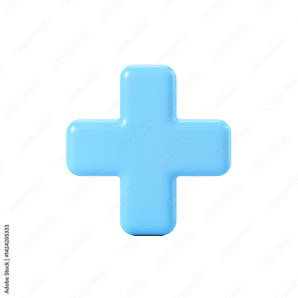 A simple 3D plus symbol icon with rounded edges and clean surface created in a minimal soft design on a transparent background