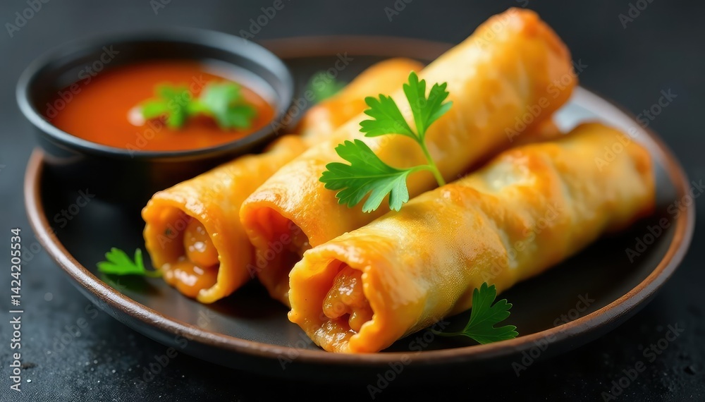Crispy spring rolls, dipping sauce, garnished cilantro , egg rolls, chinese, spring rolls