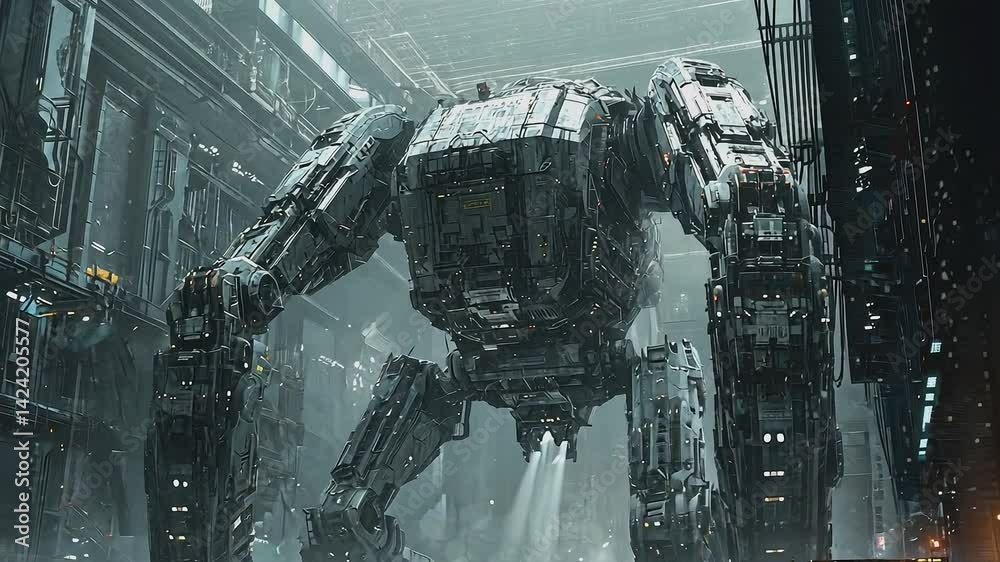 Mech Structures Colossal Mech in Urban Ruins: A massive, imposing mech stands amidst ...
