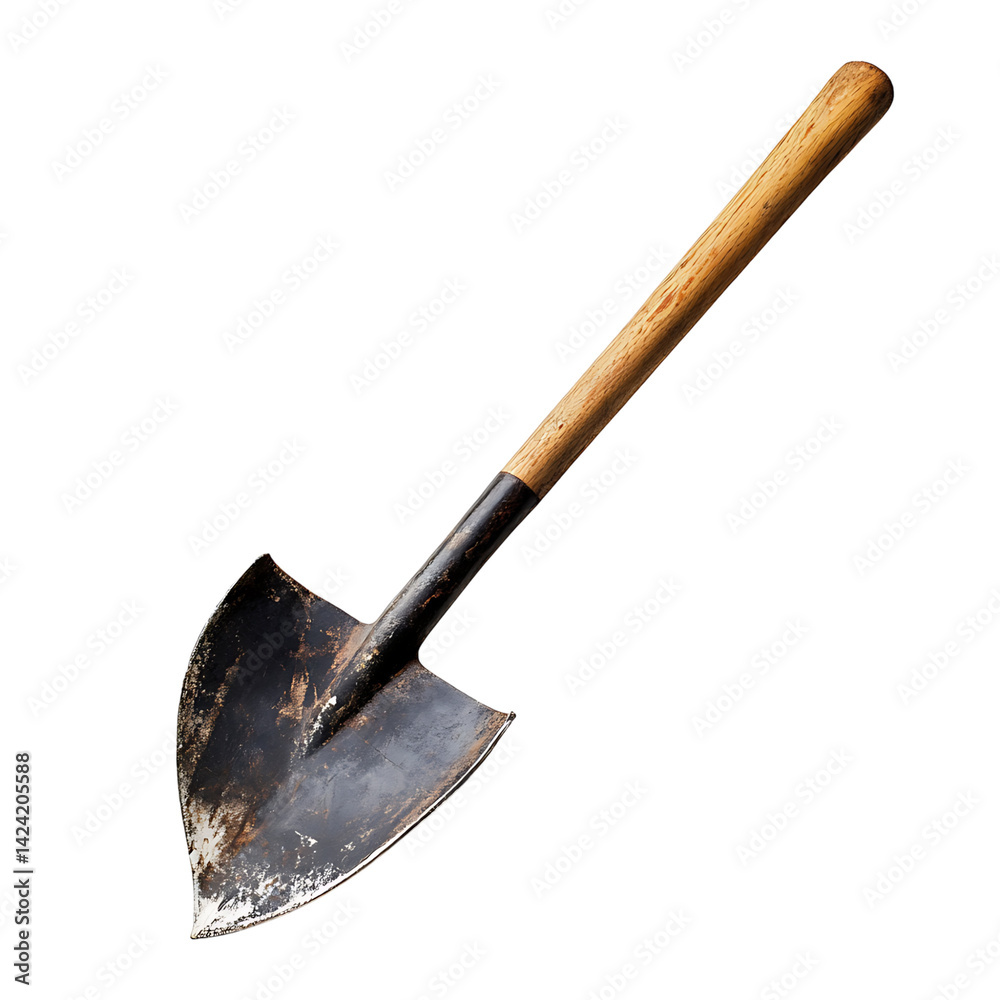 A worn metal shovel with pointed blade and wooden handle showing realistic usage marks and dirt placed diagonally over a transparent background