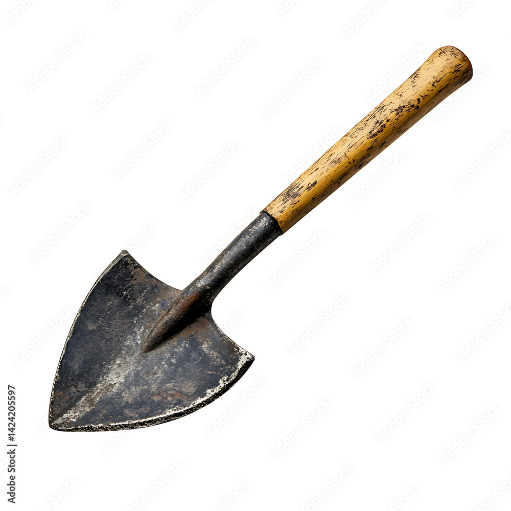 A worn metal shovel with pointed blade and wooden handle showing realistic usage marks and dirt placed diagonally over a transparent background