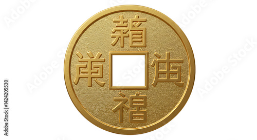 Golden ancient chinese coin rendering isolated over white background illustration