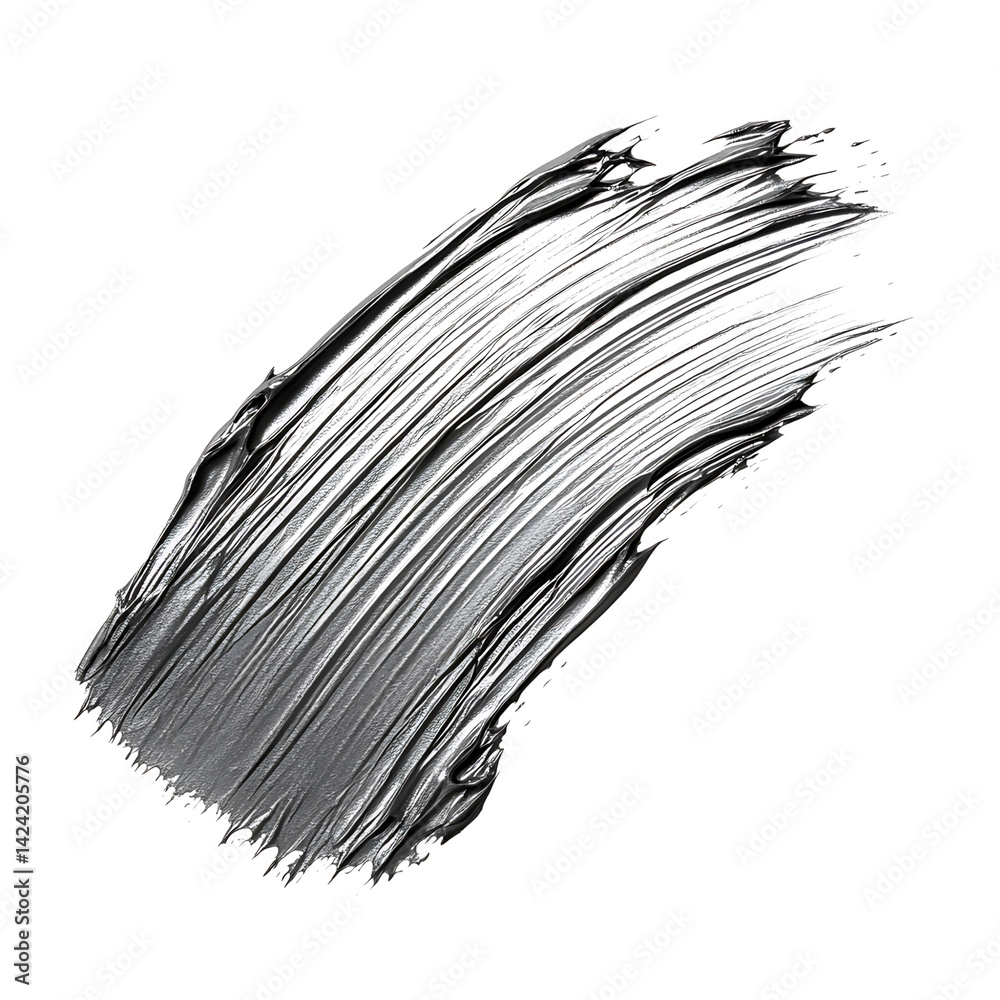A shiny silver abstract 3D paint stroke with dense texture and reflective highlights arranged in a dynamic sweeping curve on a transparent background