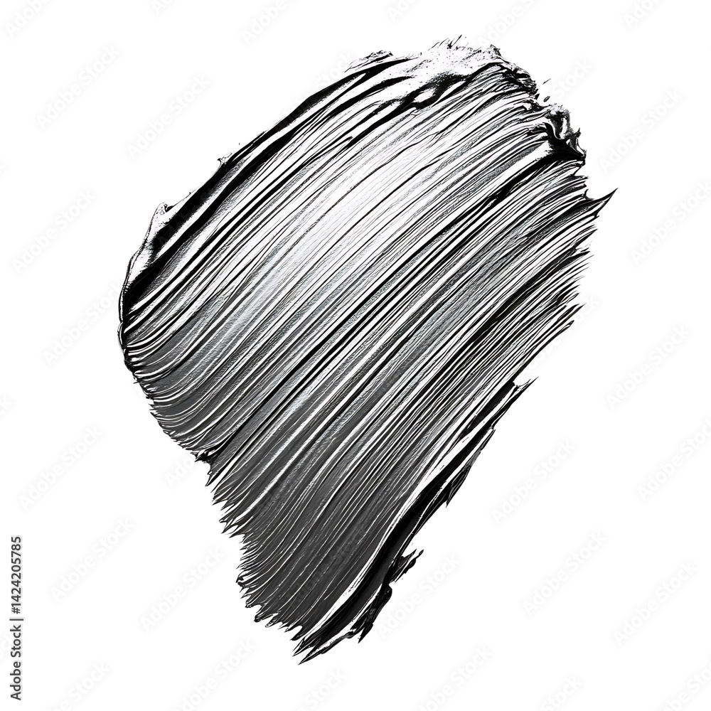A shiny silver abstract 3D paint stroke with dense texture and reflective highlights arranged in a dynamic sweeping curve on a transparent background