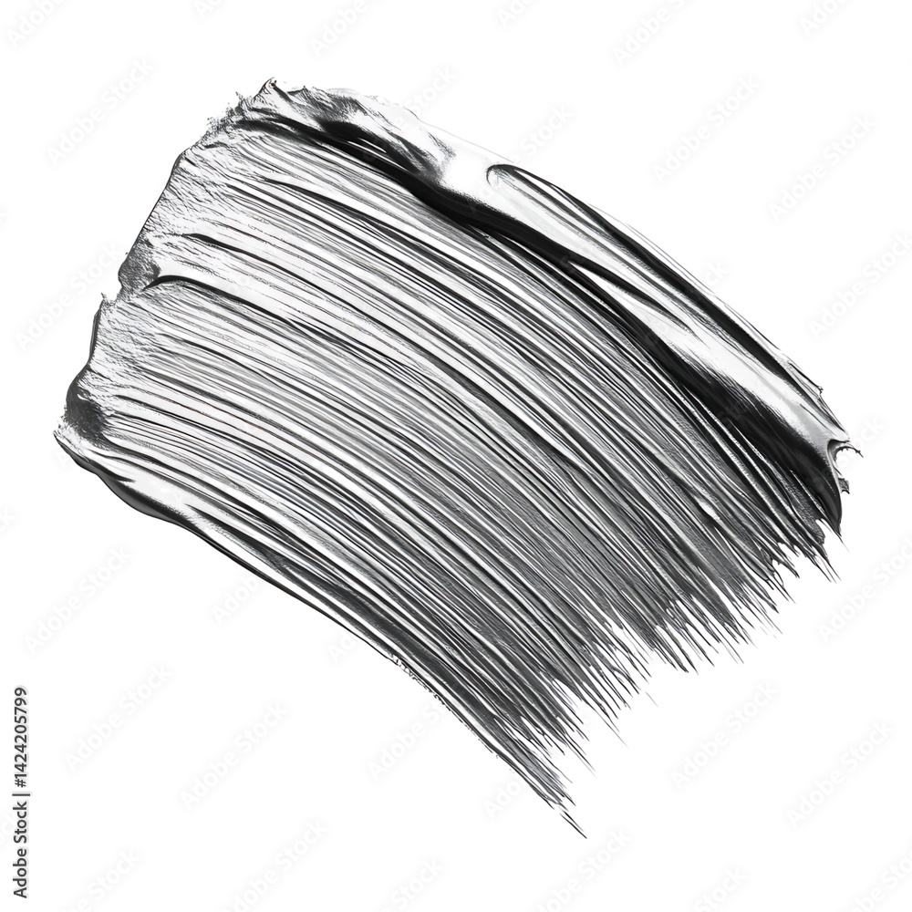 A shiny silver abstract 3D paint stroke with dense texture and reflective highlights arranged in a dynamic sweeping curve on a transparent background