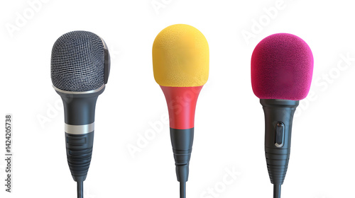 Four microphones with different foam covers, isolated style, placed on a clean white background, concept of media or interviews. 3D Rendering
