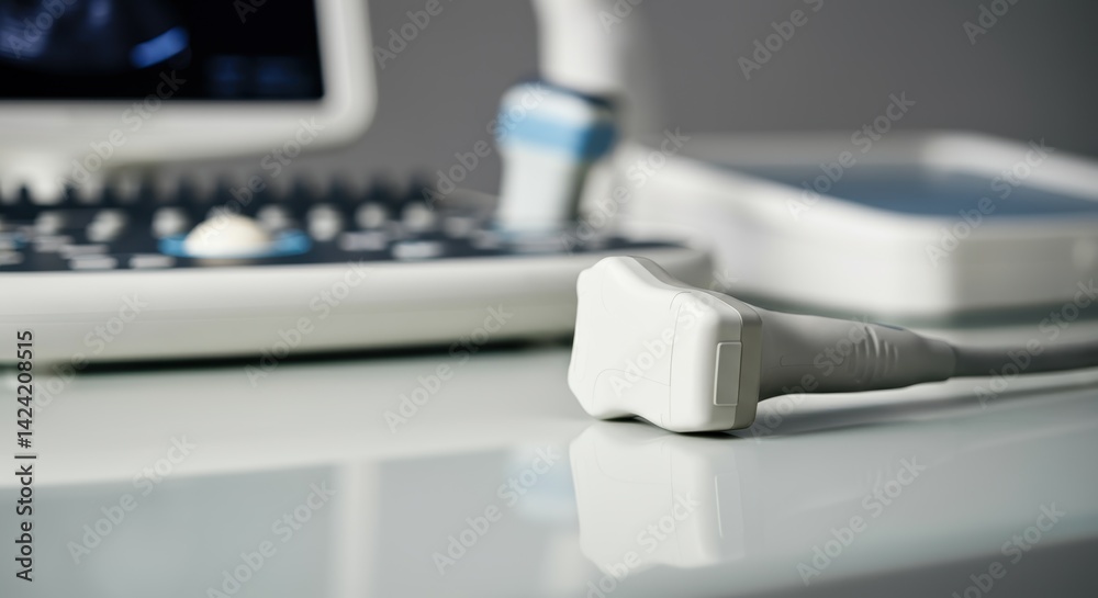 Close-up of ultrasound machine transducer on medical equipment table Close-up of ultrasound machine transducer on medical equipment table