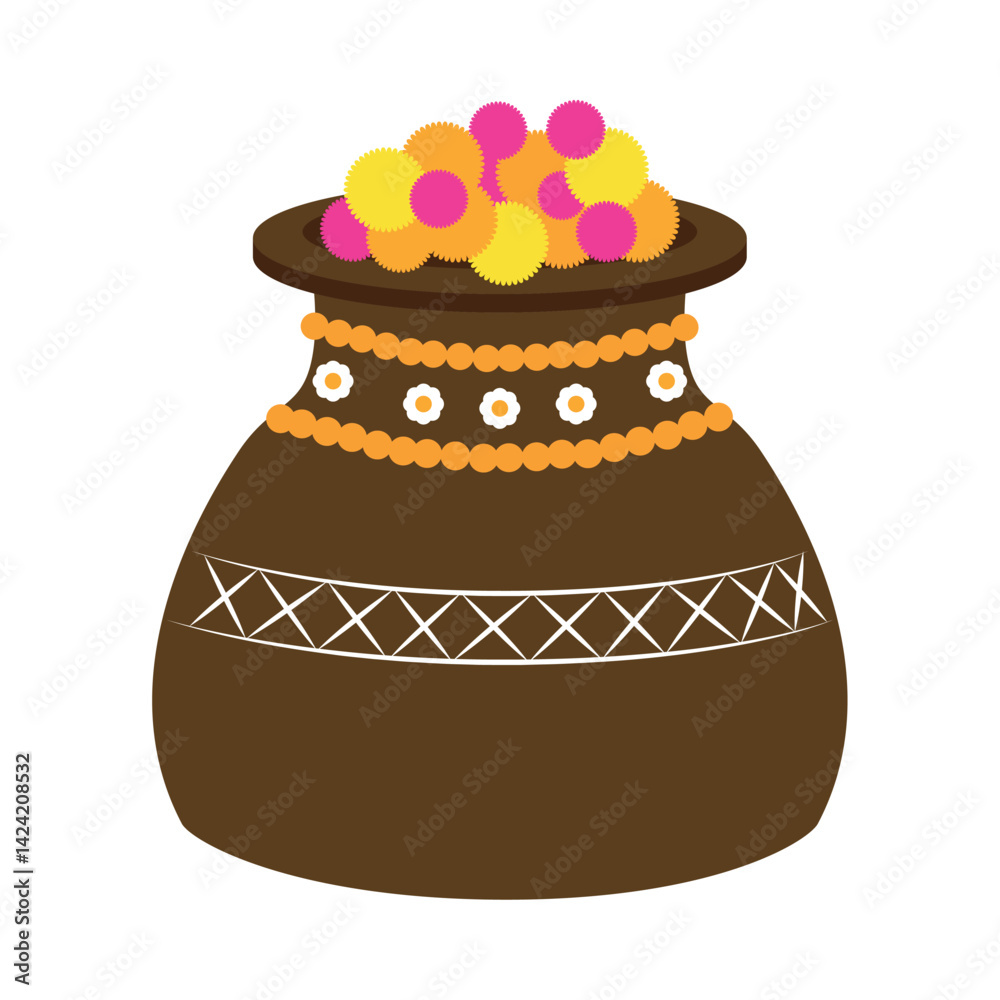 Indian Wedding Haldi Pot Floral Decor Brown Kalash Ceremony Ritual Icon Vector