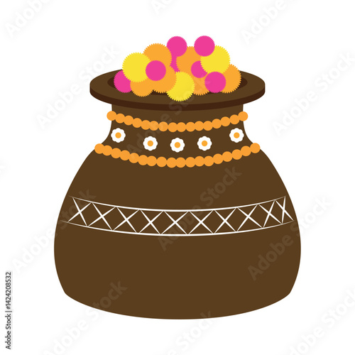 Obraz na płótnie Indian Wedding Haldi Pot Floral Decor Brown Kalash Ceremony Ritual Icon Vector w salonie