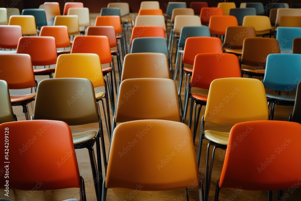 Fototapeta premium Many rows of colorful, empty chairs on a light brown wooden floor. Useful for events, business, meetings, conventions, and conferences.