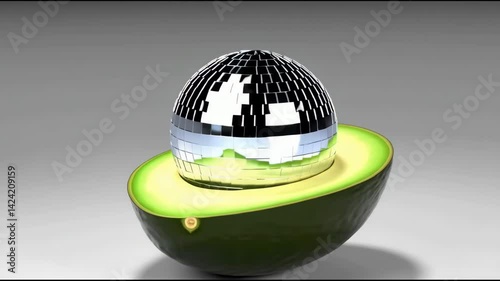 A ripe avocado halves open to show a sparkling disco ball where the pit should be. This surreal and fun concept represents unexpected surprises or healthy party vibes