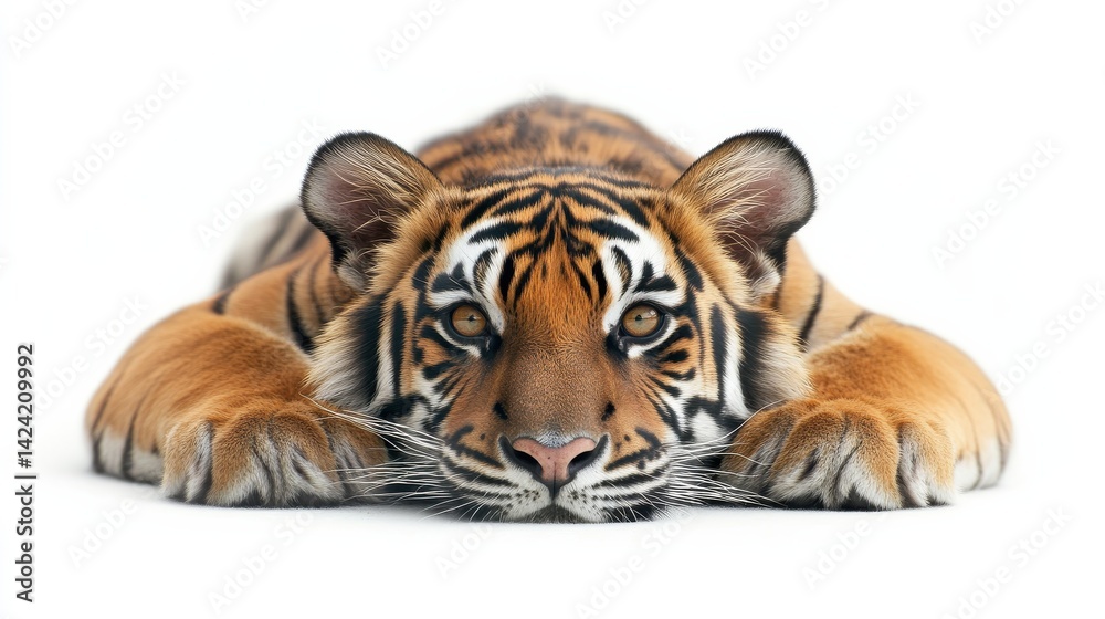 Fototapeta premium Tiger lying down staring at the camera, isolated on white