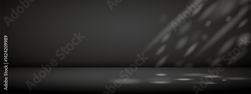 Dark studio room with sun rays. Limbo light background. Abstract 3d bg with empty space for advertising text. Vector mockup illustration.