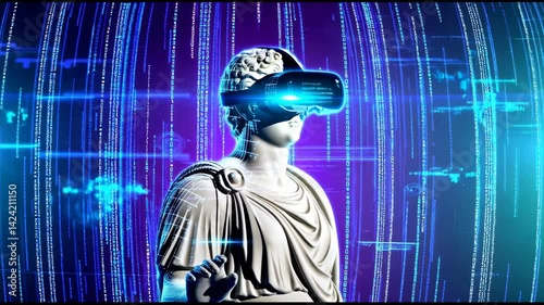 Classical statue wearing a modern VR headset looking at digital data streams. Futuristic technology, history, virtual reality, AI, data concept abstract background loop