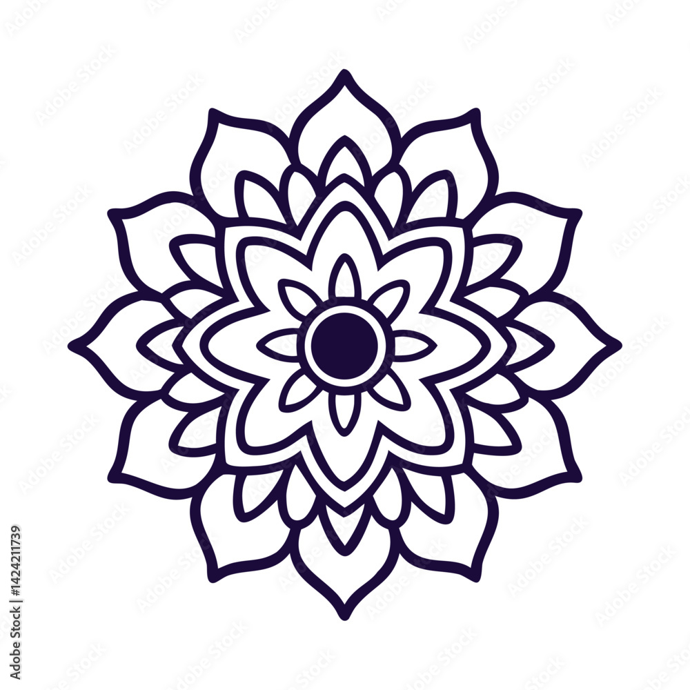Indian Flower Mandala Floral Sacred Ornament Pattern Lotus Petal Icon Vector