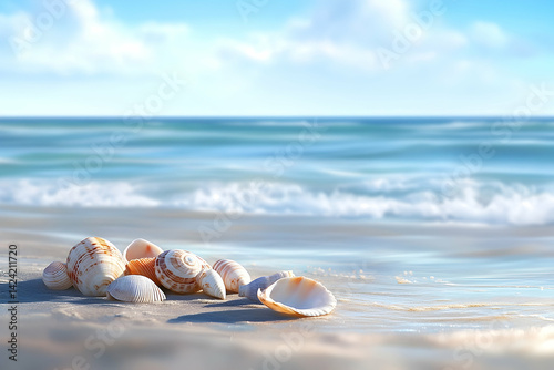 Seashells resting on a sandy beach by the ocean.