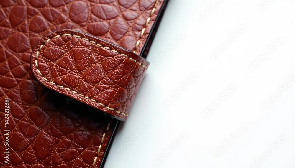 Intricate leather flap detail, stark white backdrop Close-up shot , detail, close-up