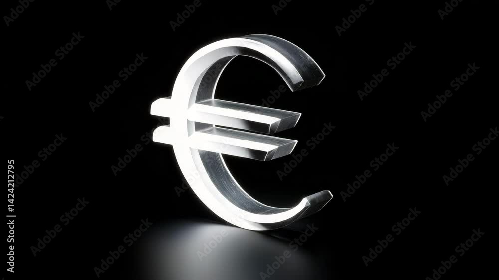 Glossy silver euro symbol rotates on black background