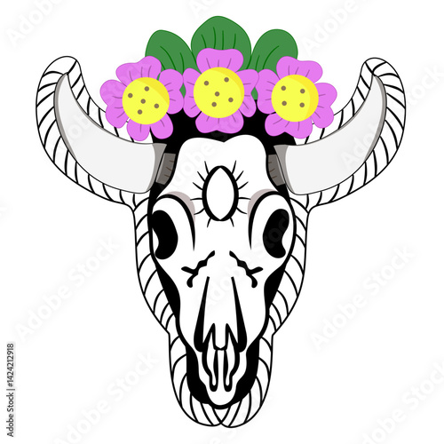 Tribal animal skull with flower crown, Colorful bull skull with flower crown and tribal horn details, boho skull tattoo design