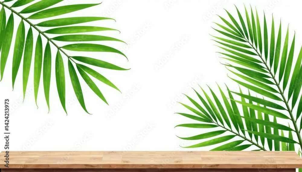 Isolated palm fronds on white background with wooden base, base, botanical