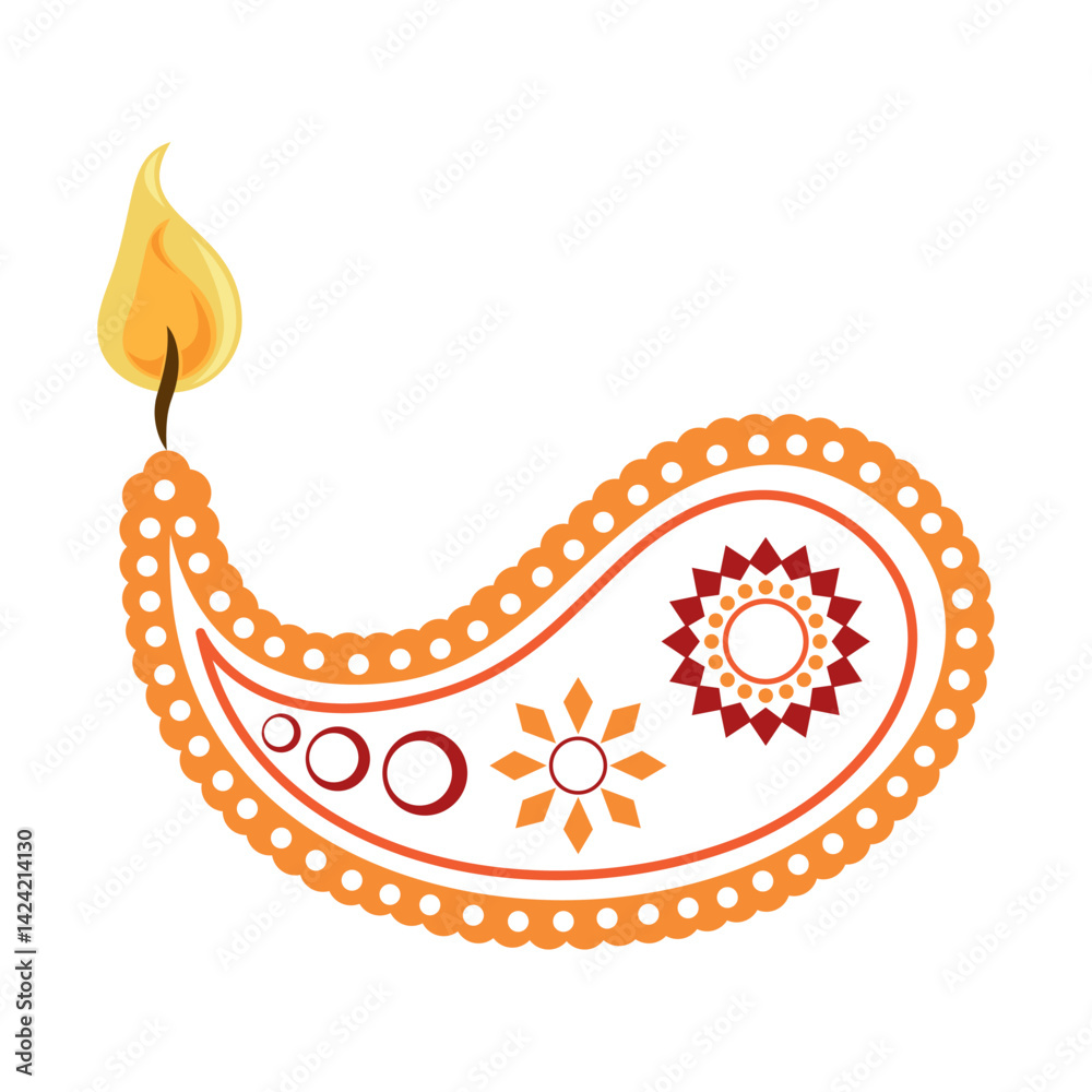 Indian Lights Paisley Diya Flame Festival Decorative Traditional Lamp Vector