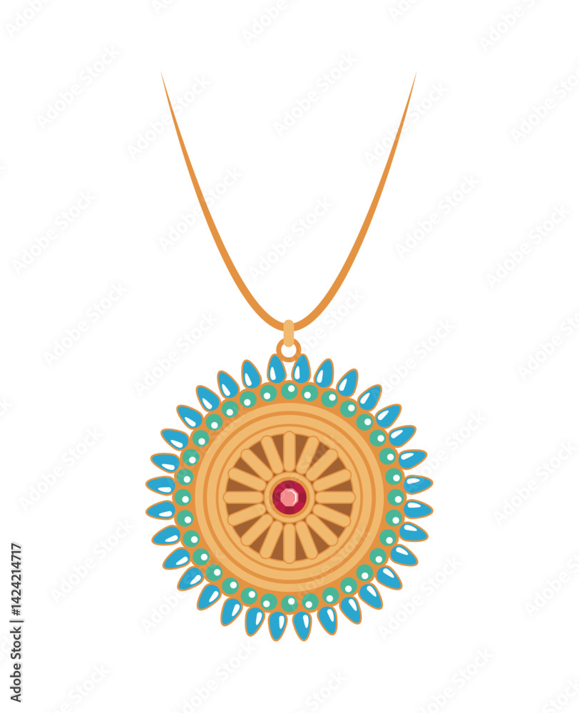 Indian Jewelry Circular Pendant Gold Blue Gem Traditional Necklace Vector