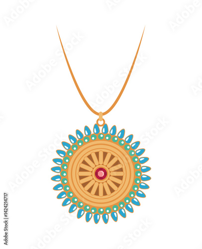Obraz na płótnie Indian Jewelry Circular Pendant Gold Blue Gem Traditional Necklace Vector w salonie