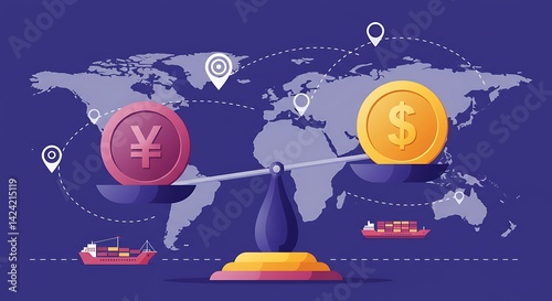 Global Currency Trade Balance: Yen vs. Dollar on Scale, World Map Background, Maritime Shipping. photo