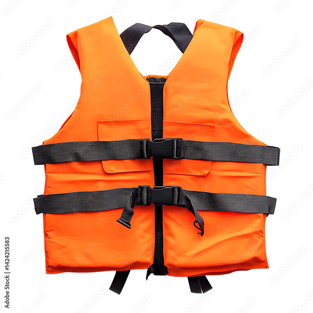 A safety vest designed for flotation featuring multiple securing straps and buckles shown isolated on a transparent background