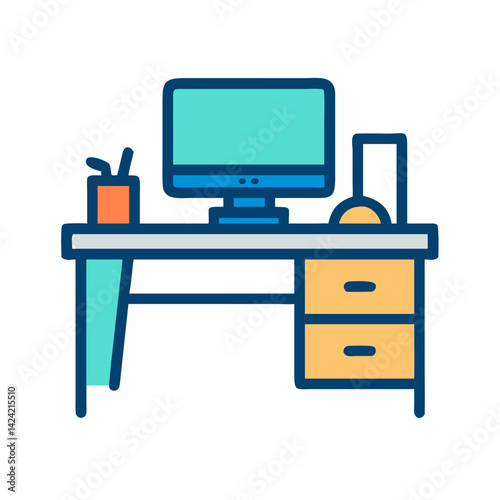 Office Desk with Computer Icon Representing Workspace and Digital Productivity