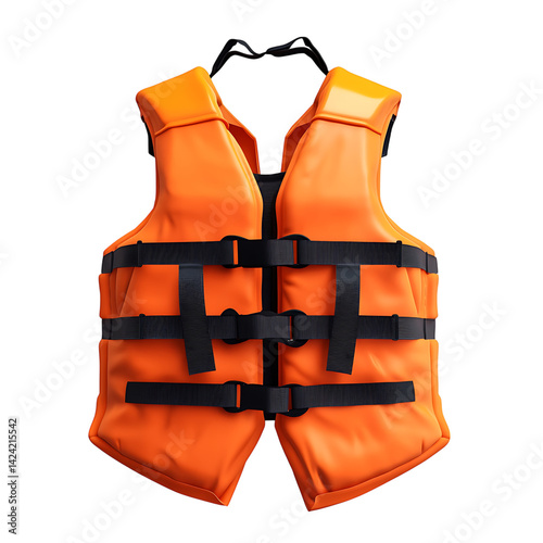A safety vest designed for flotation featuring multiple securing straps and buckles shown isolated on a transparent background