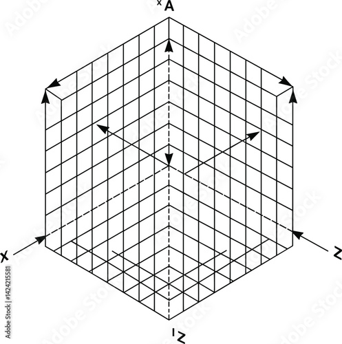 3d coordinate axis xyz, blank grid isolated on white background, black lines illustration