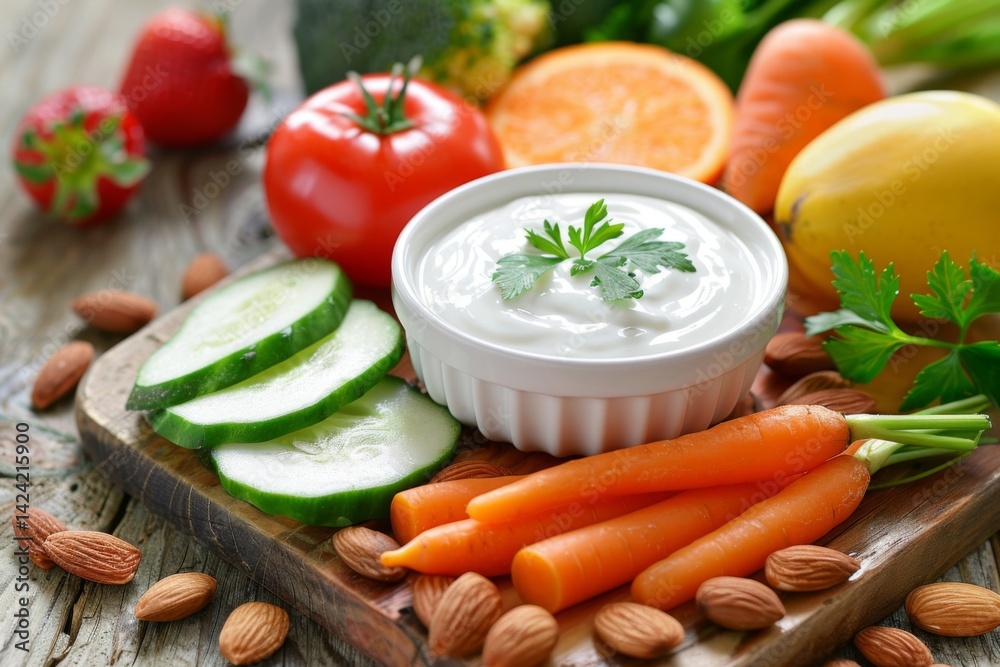 Fresh fruits and vegetables with almonds and dip on a board Fresh fruits and vegetables with almonds and dip on a board