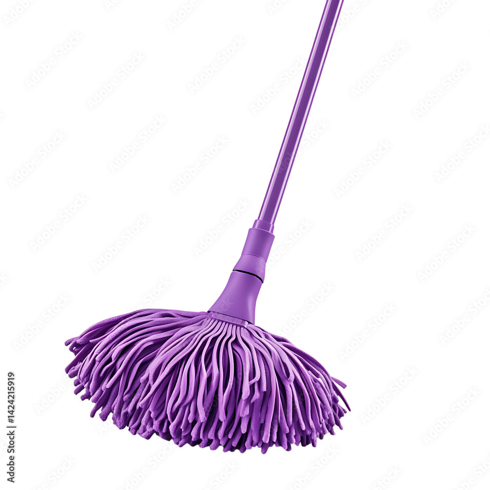 A vertical mop tool with long handle and soft microfiber strands designed for household cleaning displayed on a transparent background