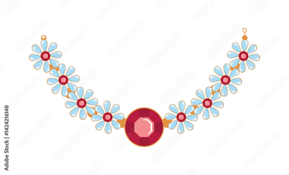 Indian Jewelry Floral Gem Chain Necklace Bridal Accessory Gold Ornament Vector