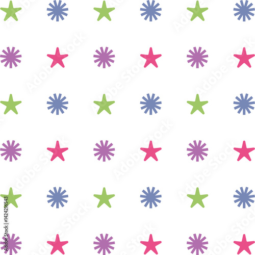 A cheerful seamless pattern featuring colorful abstract shapes on a white background. Perfect for digital scrapbooking, kids' crafts, wrapping paper, and decorative design projects.