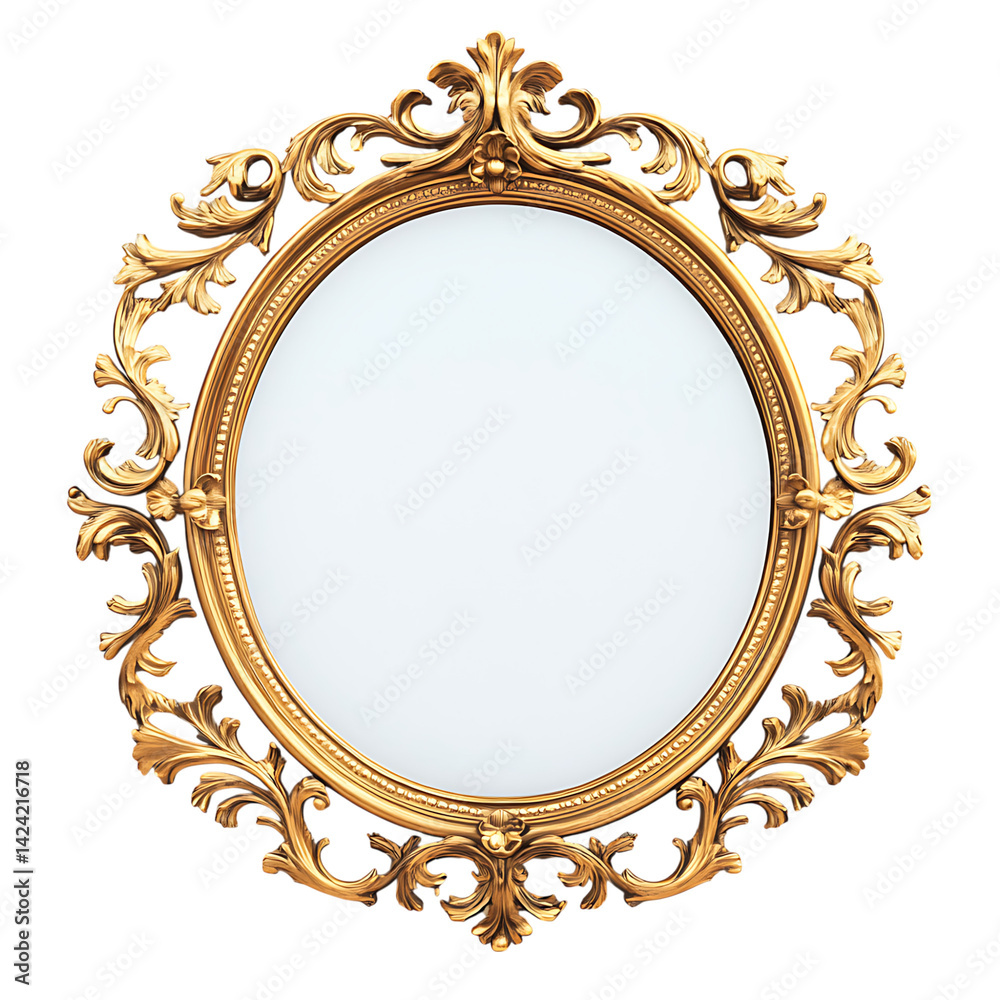 An elegant round mirror with ornate carved floral frame in antique decorative style presented over a transparent background