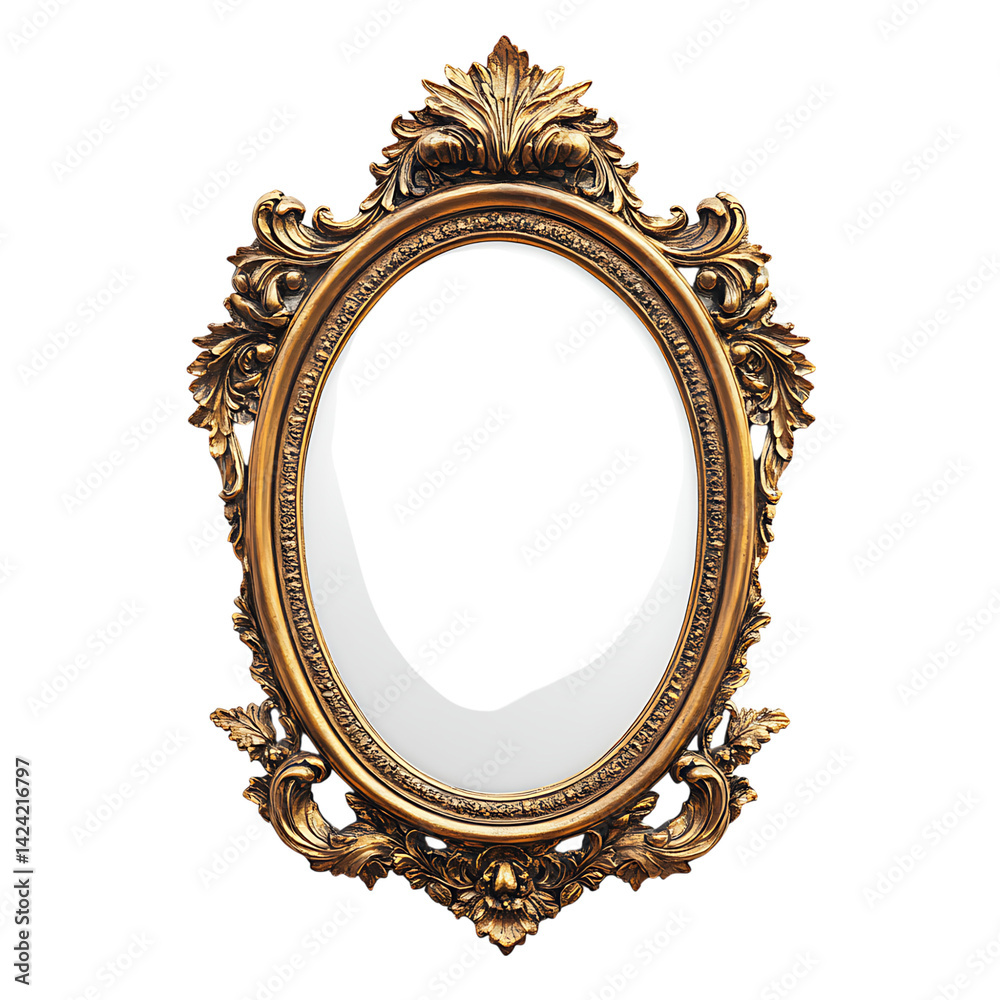 An elegant round mirror with ornate carved floral frame in antique decorative style presented over a transparent background