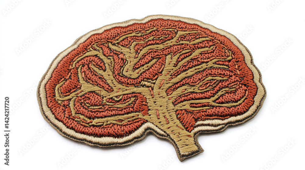 A brain-shaped patch badge, embroidered with meticulous detail on an isolated transparent PNG background, ready to be seamlessly incorporated into your Generative AI artwork A brain-shaped patch badge, embroidered with meticulous detail on an isolated transparent PNG background, ready to be seamlessly incorporated into your Generative AI artwork
