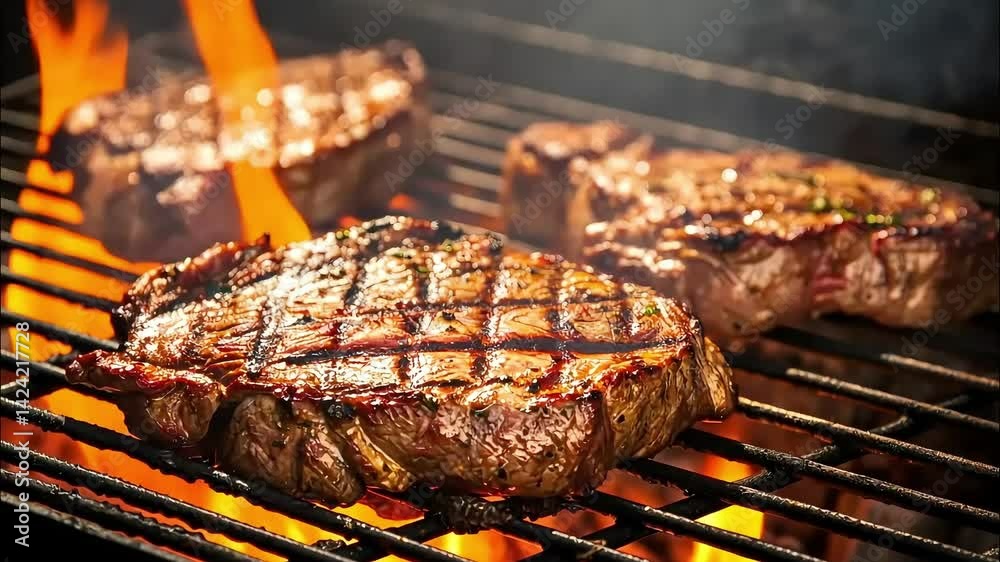 Animation with three juicy steaks with grill marks sizzling over an open flame on a barbecue, with fire and smoke rising, creating a mouthwatering scene of outdoor cooking and rich flavors.