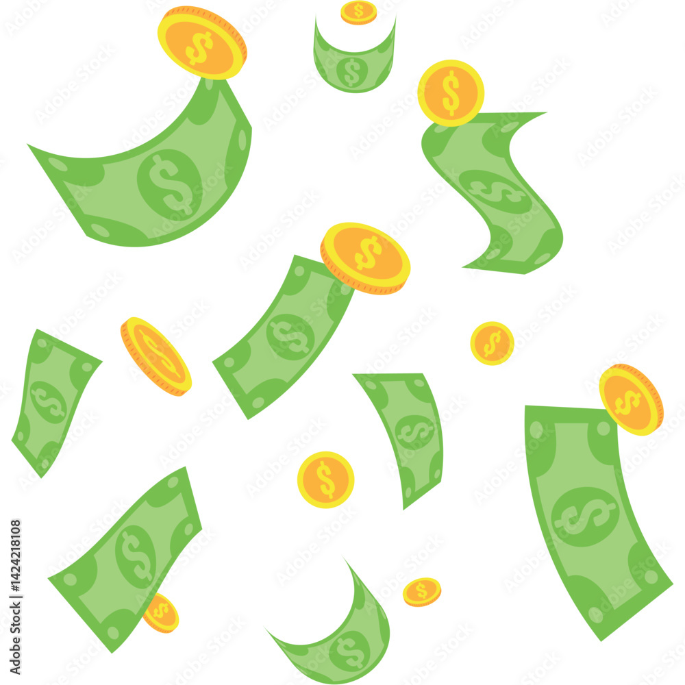 Money Background Mixed Dollar Coins Floating Wealth Cash Pattern Scatter Vector