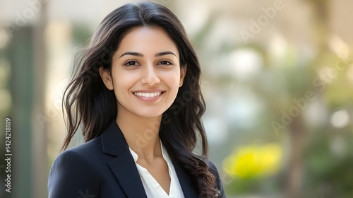 Professional headshot of smiling business woman in suit for corporate website and social media profile