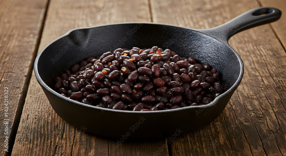 Black Beans Prepared in Cast Iron Skillet on Wooden Background Black Beans Prepared in Cast Iron Skillet on Wooden Background