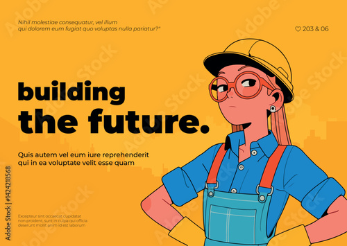 Banner design of building the future template with cartoon mechanic woman.
