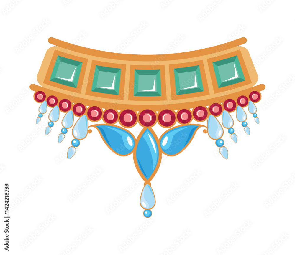 Indian Jewelry Square Beads Necklace Gold Chain Gem Ornament Traditional Vector