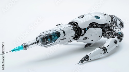 Robotic arm equipped with a syringe for automated medical injections.