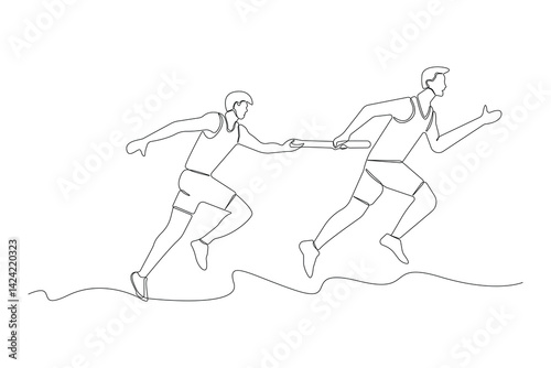 Hand-drawn athletes passing the baton in a relay race line art drawing. Vector illustration