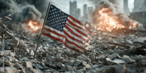 Tattered american flag standing amidst urban ruins and smoke in a war torn cityscape