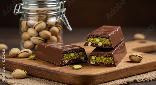 Pieces of Dubai chocolate bar with pistachios and knafeh on grey table
