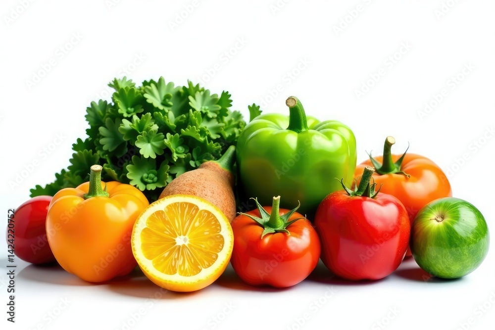 Variety of organic fruits & vegetables isolated, simple, studio, texture Variety of organic fruits & vegetables isolated, simple, studio, texture